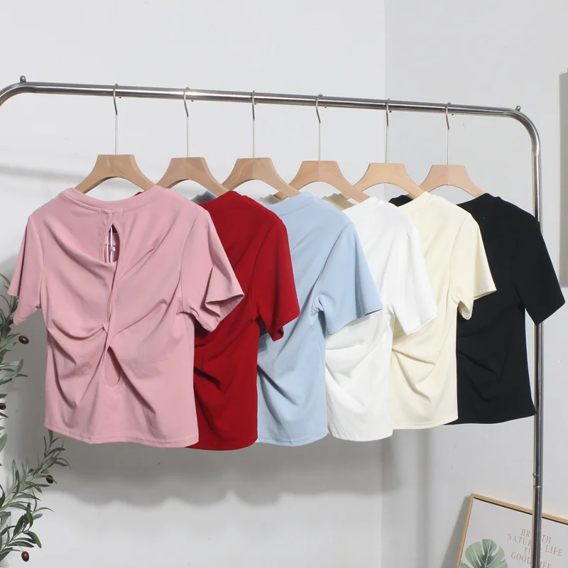 Uveng Design-Sense Short-Sleeved Back Hollow T-Shirt For Women's Summer New Body-Repair Short Small Shirt 87695