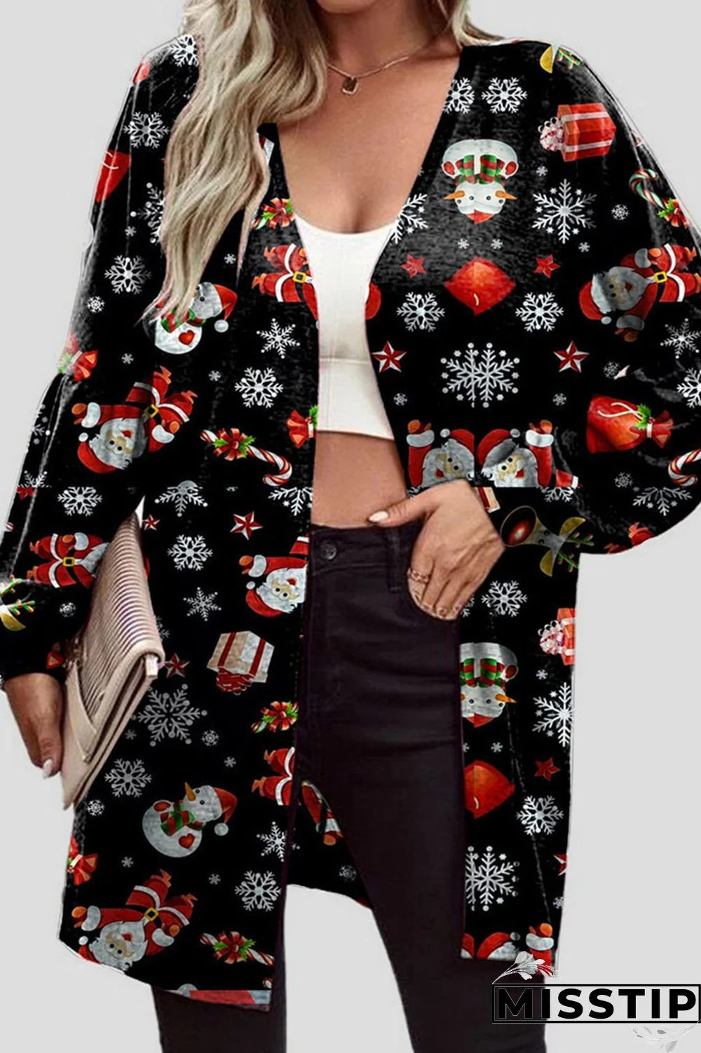 Christmas Tree Casual Print Patchwork Cardigan Collar Outerwear