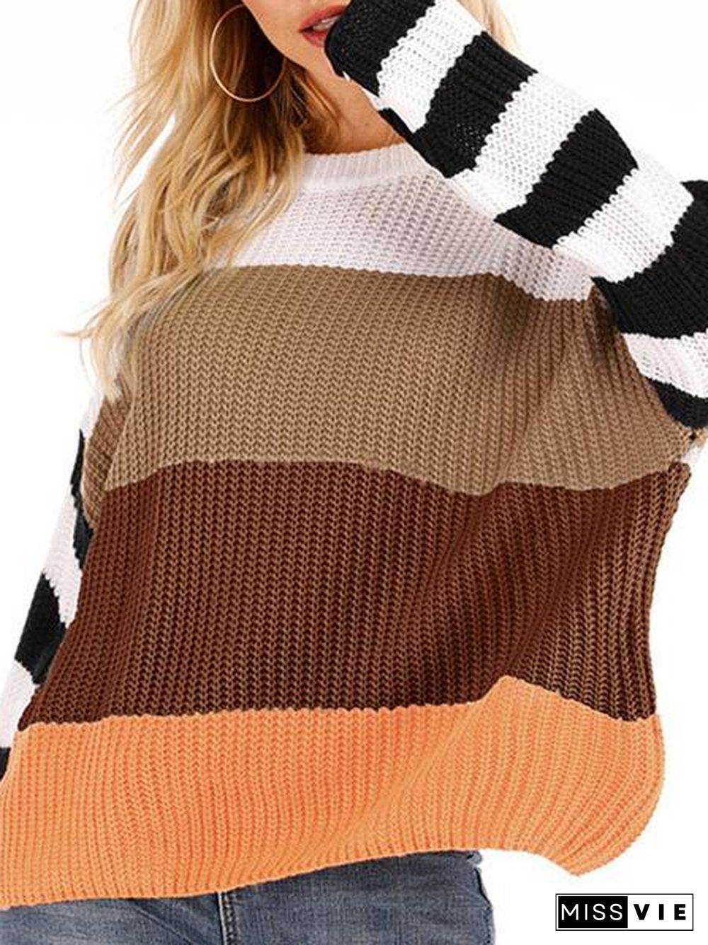 Women's Long Sleeve Scoop Neck Striped Stitching Loose Sweater Top