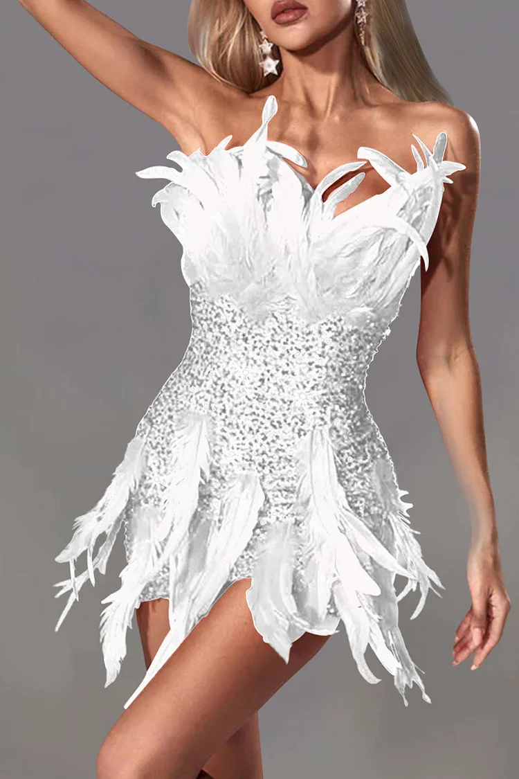 Sexy Solid Sequins Patchwork Feathers Zipper Strapless Wrapped Skirt Dresses