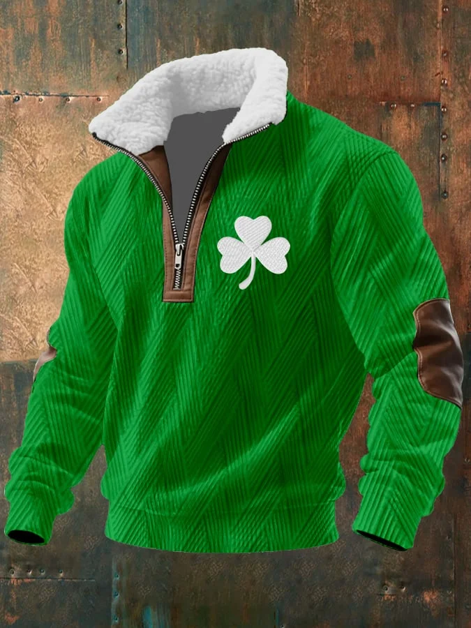 Men's St. Patrick's Clover Jacquard Fabric Zipper Fur Collar Long-Sleeved Sweatshirt 