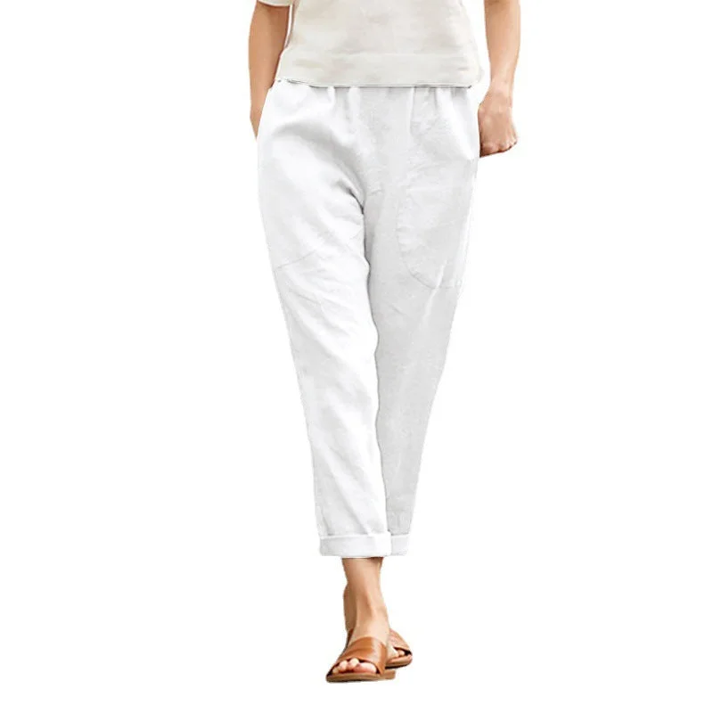 Brownm Large Pocket Pure Color Comfort Leisure Cotton Linen Casual Straight-leg Pants