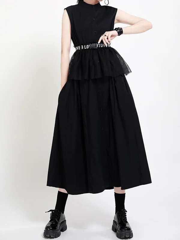 Solid Color Round Neck Pleated Slim Sleeveless Dress - yankia