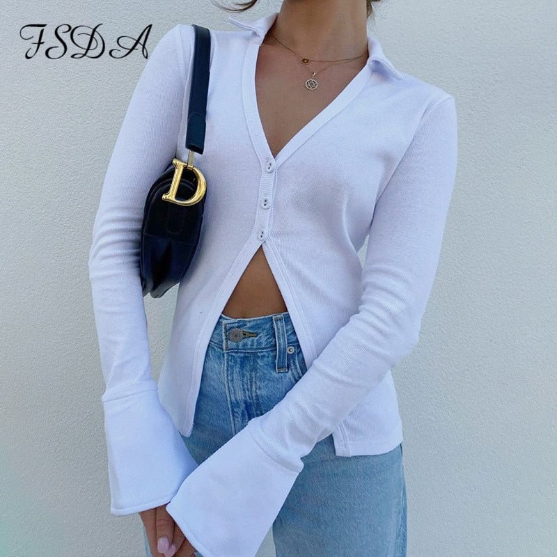 FSDA V Neck Long Sleeve Top White Women Fashion 2021 Autumn Winter T Shirt Sexy Casual Ladies Streetwear