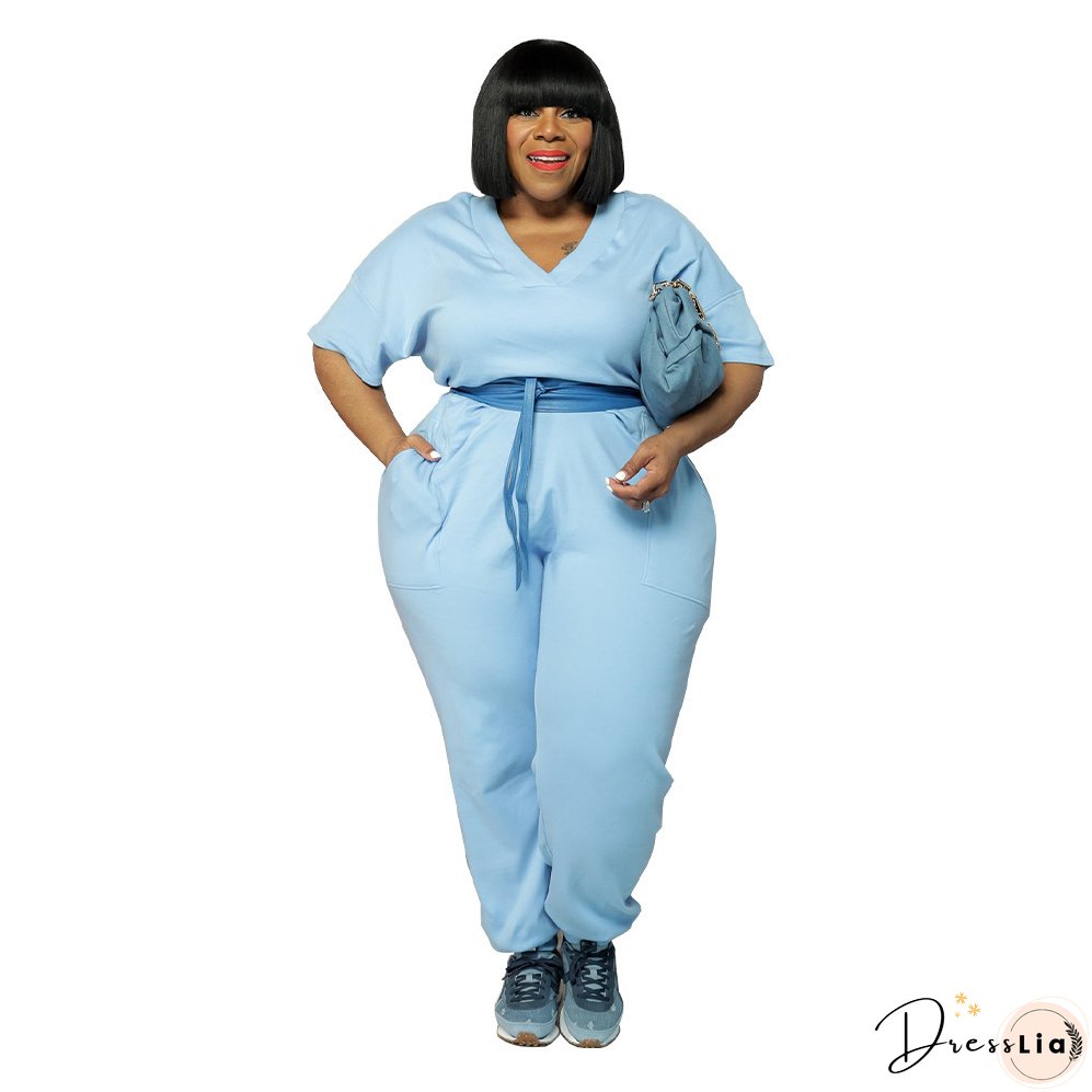 Spring Plus Size Women's Solid Short Sleeve V-Neck Jumpsuit