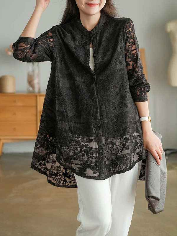 Long Sleeves Hollow Solid Lace Blouse - yankia