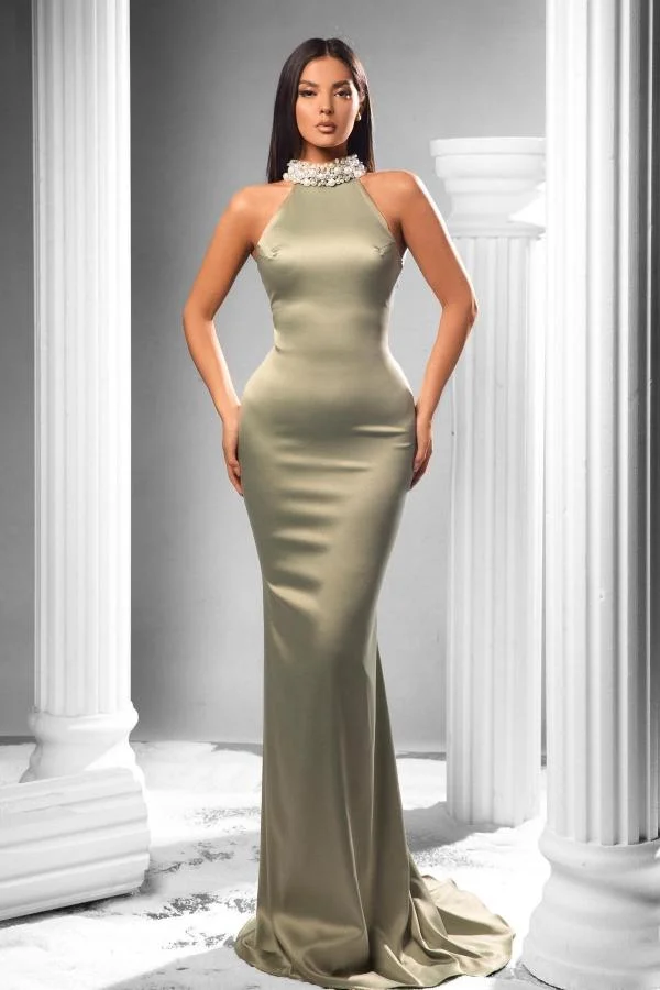 Bellasprom High Neck Sleeveless Mermaid Prom Dress With Pearls