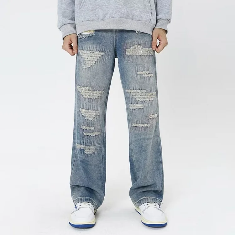 High Street Hip Hop Ripped Jeans Distressed Casual Straight Trend Trousers