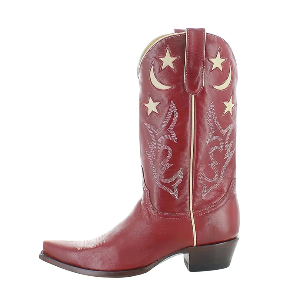 Maroon Embroidered Snip Toe Moon & Star Inlay Western Boots for Women