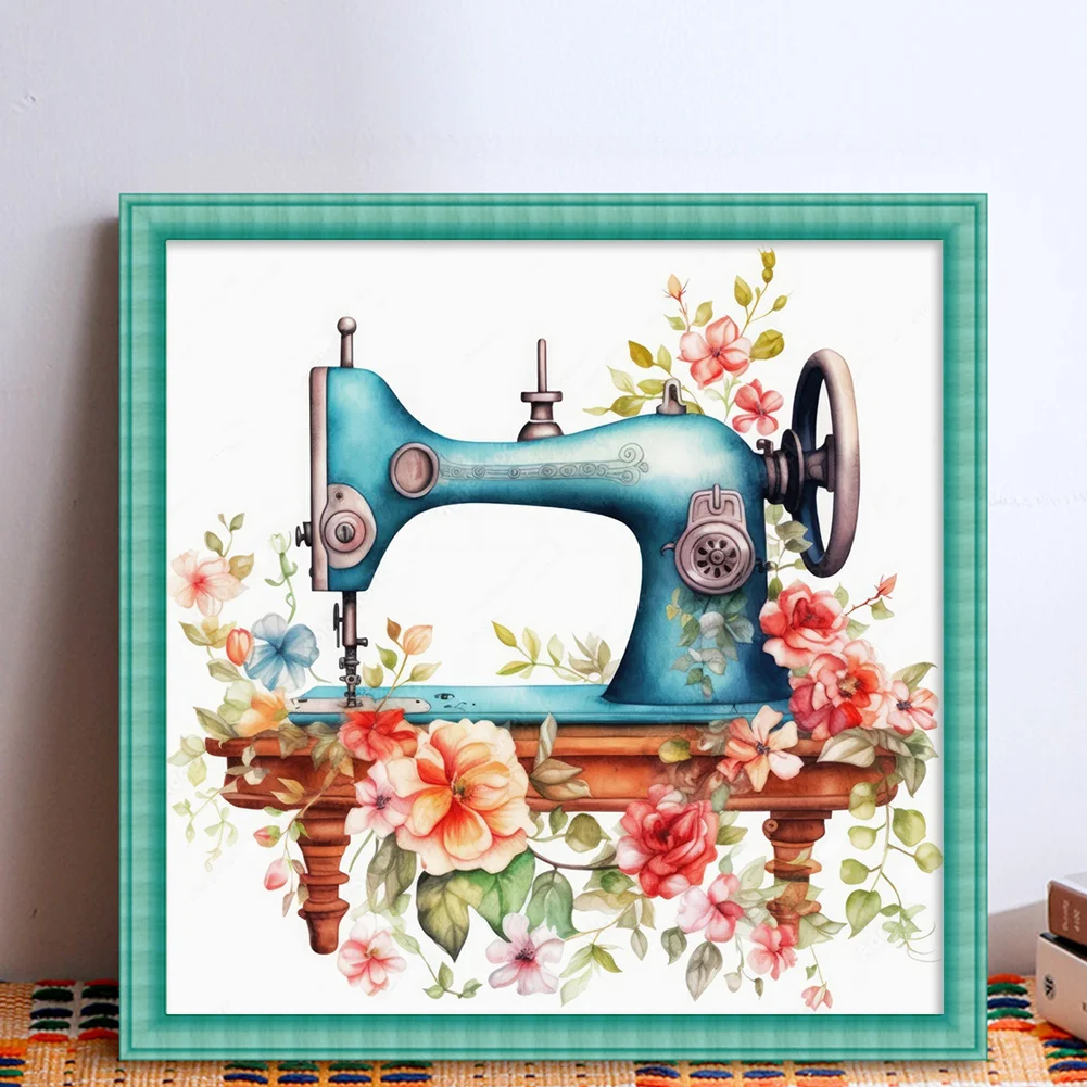 DIY Stamped Cross Stitch 14CT Full Embroidery 40*40cm - Vintage Flower Sewing Machine