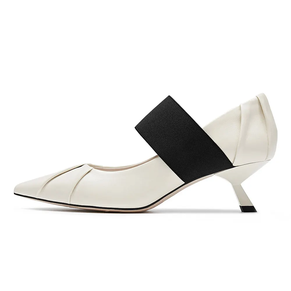 White Pointed Toe Pleated Mary Jane Heels with Elastic Band