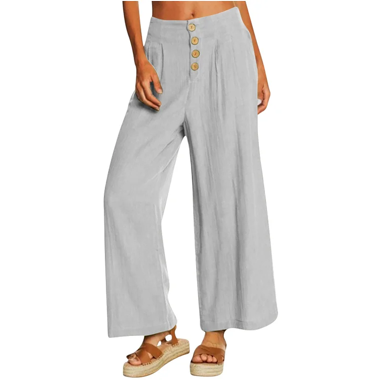 Comstylish Solid Color Single Row Button High Waisted Wide Leg Pants