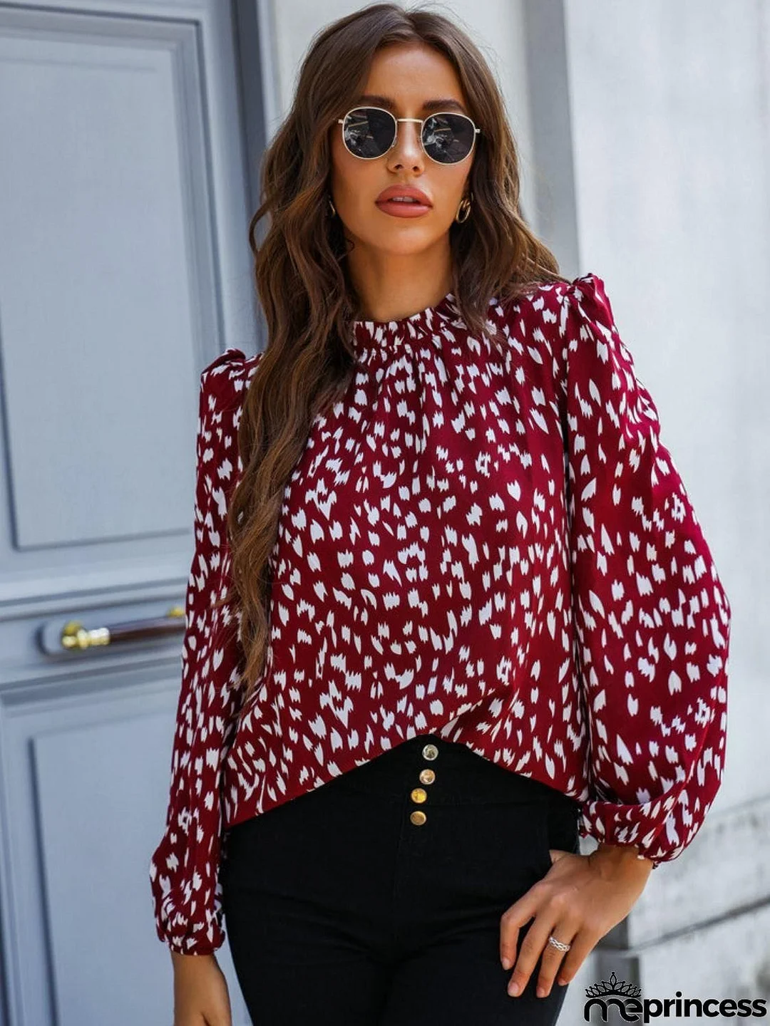 Printed Mock Neck Puff Sleeve Blouse