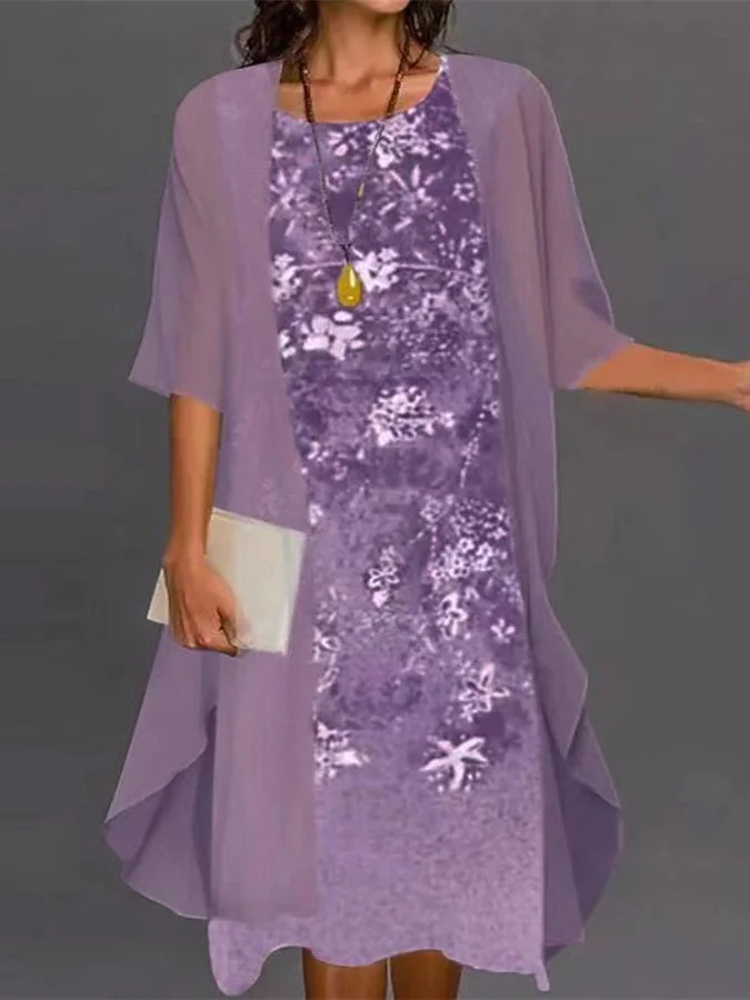 Women's 3/4 Sleeve Scoop Neck Floral Printed Chiffon Midi Dress
