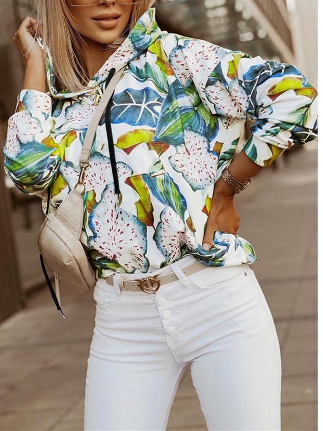 Women Long Sleeve Hooded Floral Printed Graphic Top