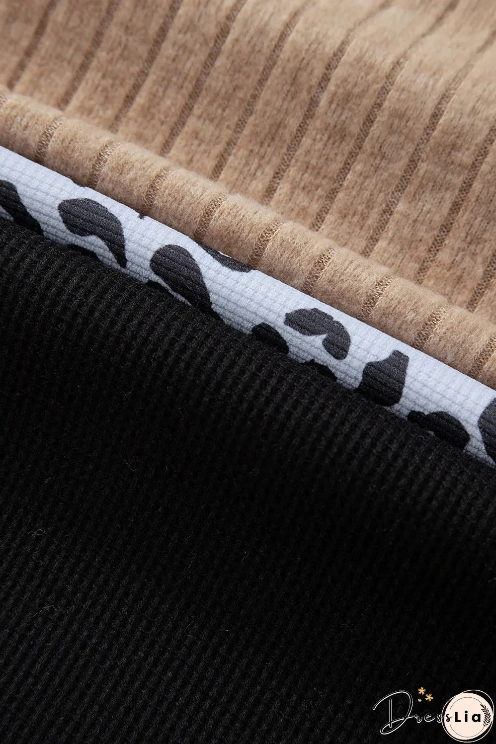 Black Cheetah Textured Patchwork Buttoned Round Neck T Shirt