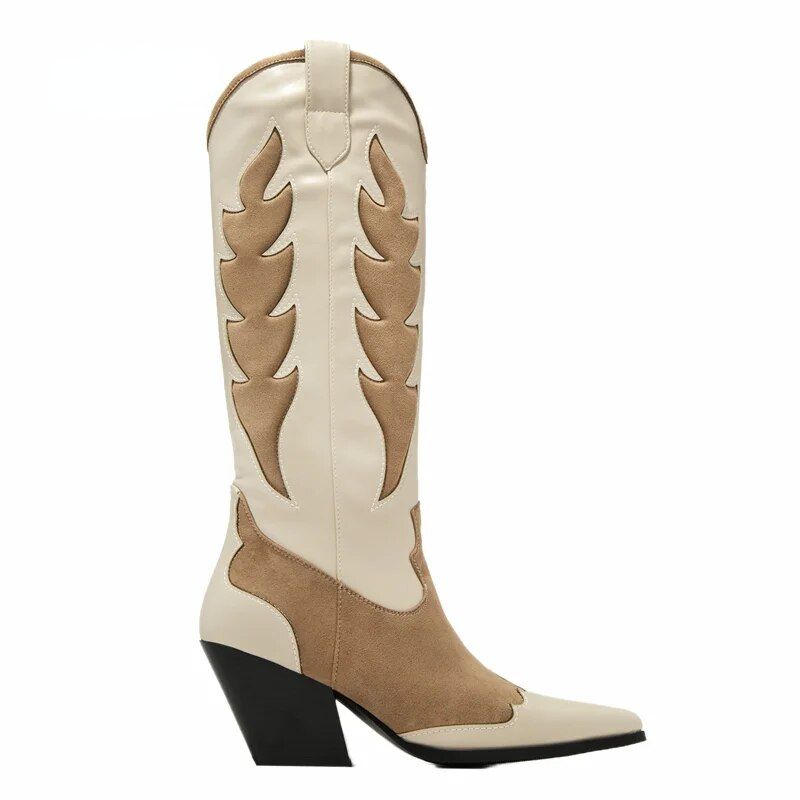 VCSHOES Women Patchwork Western Cowboy Boots Pointy Toe 80mm Wedge Heels Knee High Boots Pull On Style Cowgirl Shoes Botas De Mujer