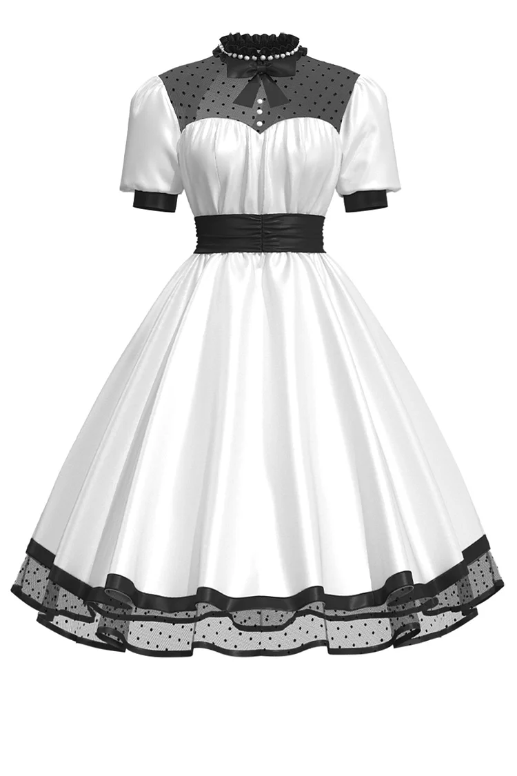 1950s White  Wedding Formal Satin Polka Dot Bow Lace Lantern Sleeve Fitted Waist Midi Dress [In Stock]