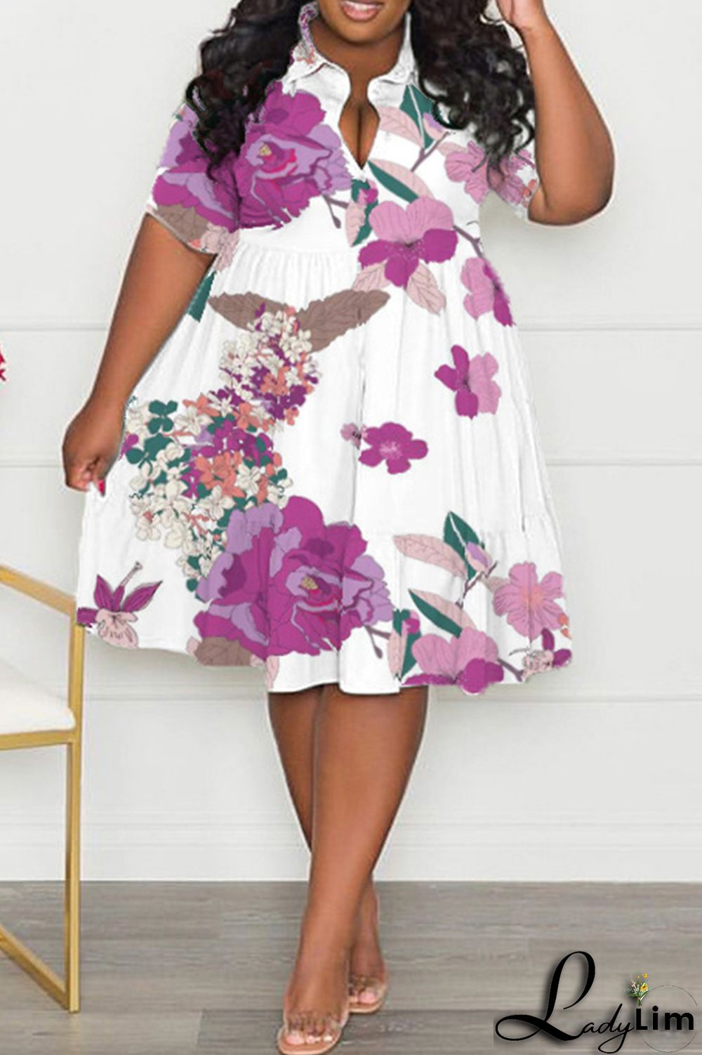 Purple Casual Print Patchwork Fold Turndown Collar A Line Plus Size Dresses