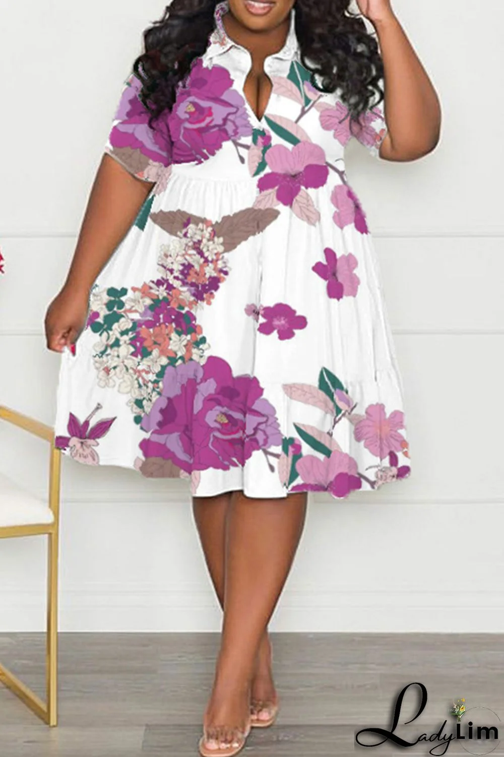 Purple Casual Print Patchwork Fold Turndown Collar A Line Plus Size Dresses