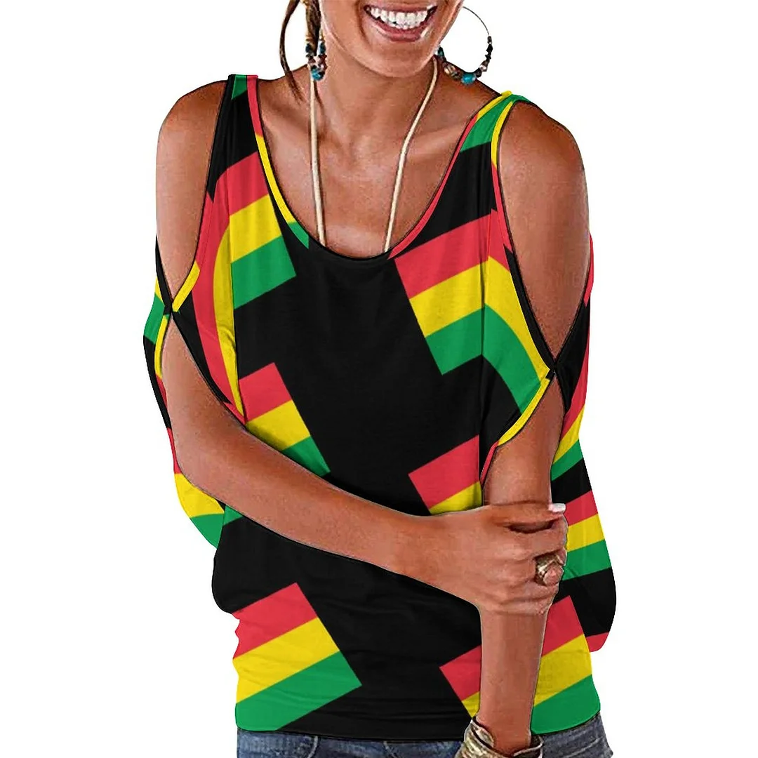 Rasta Colors Green Yellow Red Flag Stripes Cold Shoulder Blouse Tops Loose O-Neck Short Sleeve Tee Shirts Summer Tunic