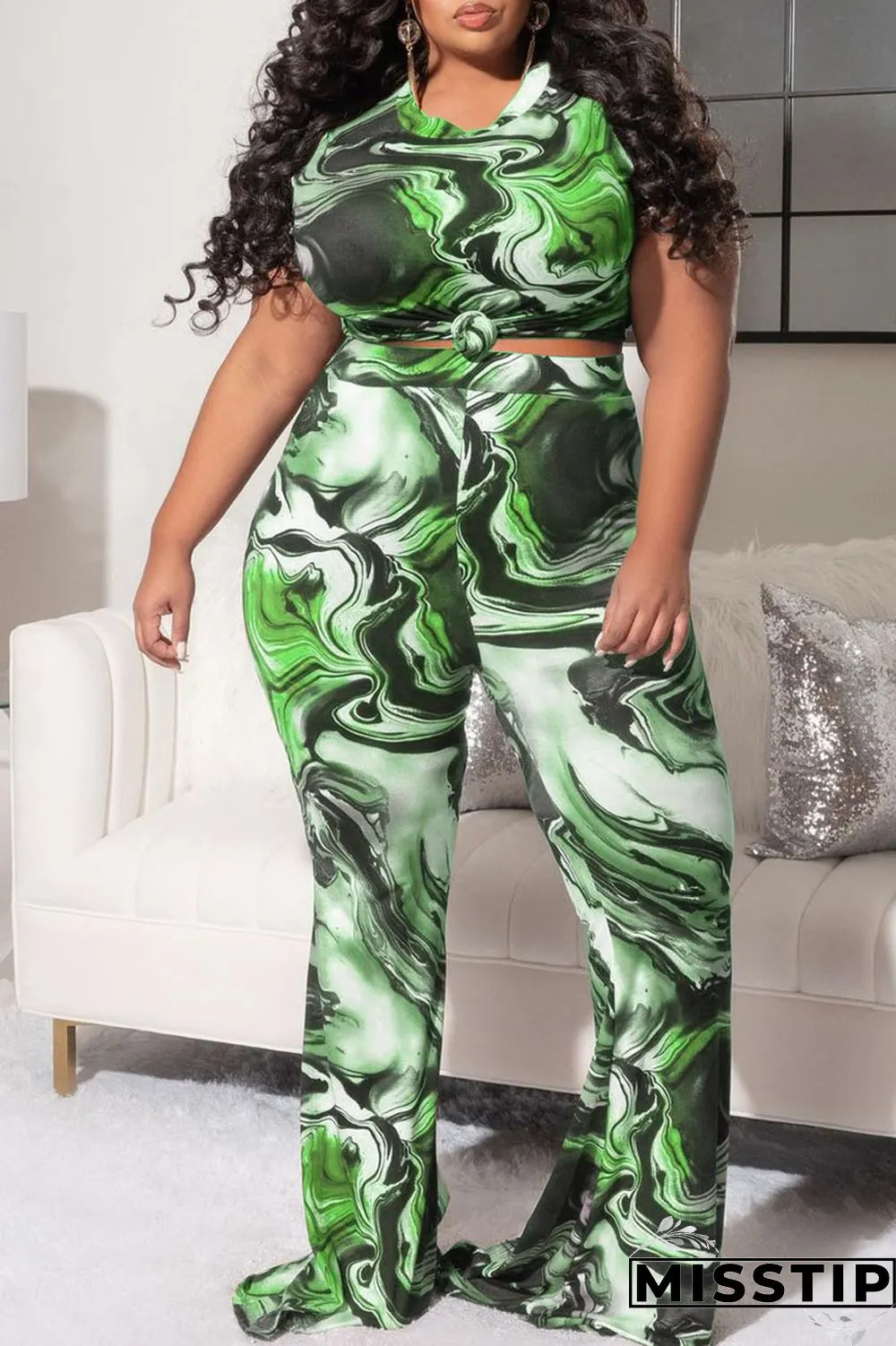 Brown Casual Print Patchwork O Neck Plus Size Two Pieces
