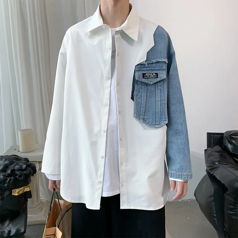 Woherb New Style Men's Shirts Fashion Spliced Jeans Cotton White Blue Oversized Shacket Hip Hop Streetwear Loose Overshirt Big Size Top