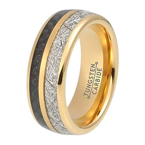 Women's Or Men's Wedding Tungsten Carbide Wedding Band Matching Rings,Yellow Gold Tungsten Carbide Bands with Black Carbon Fiber Inlay and Inspired Meteorite,Domed Tungsten Carbide Ring,Comfort Fit With Mens And Womens For Width 4MM 6MM 8MM 10MM