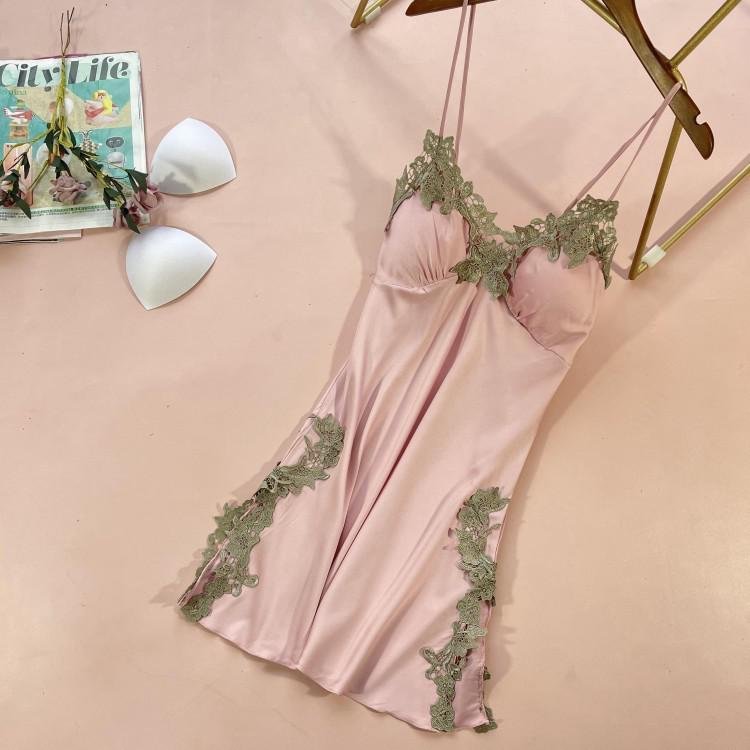 Uaang Lace Satin Nightdress Lady Strap Backless Nighty Gown Summer Sleeveless With Chest Pads Nightgown Sleepshirt Lounge Sleep Dress
