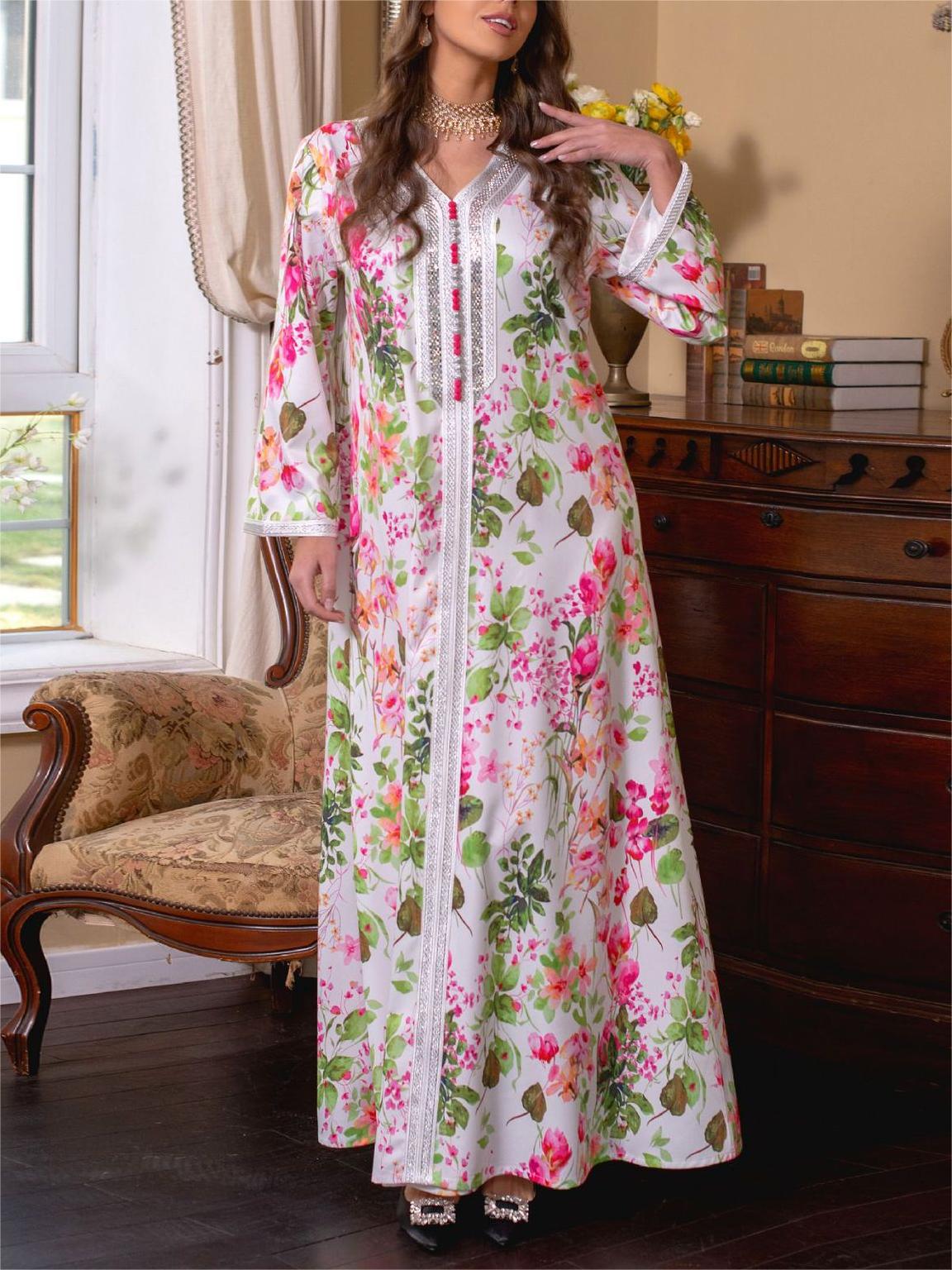Elegant Floral Print V-Neck Kaftan | Oxredo Shop Ramadan Sale