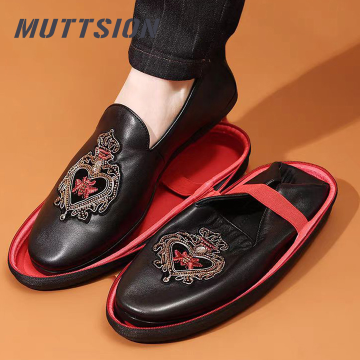 MUTTSION New Style Embroidery Genuine Leather Fashion Loafers Wallet Shoes