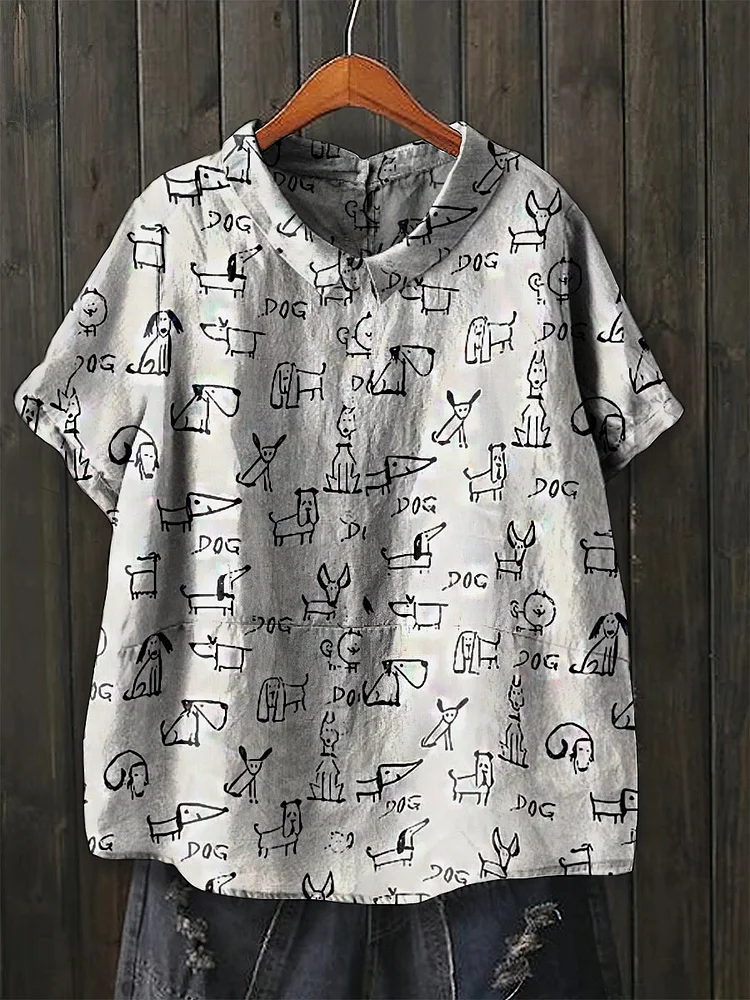 Women's Lapel Abstract Line Dog Pattern Cotton Top