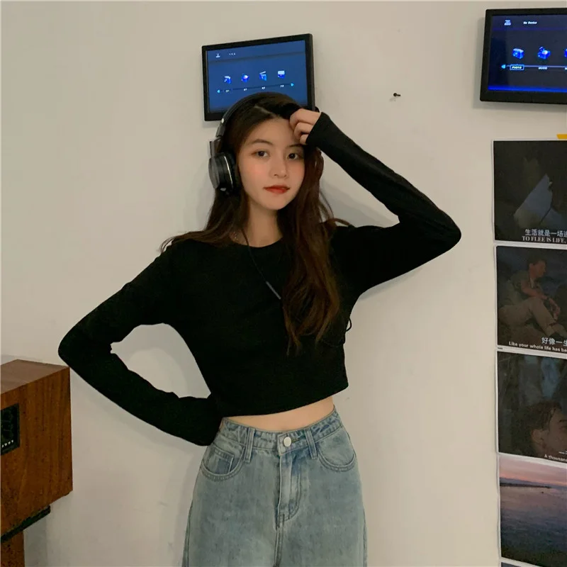 Brownm Brownm Long Sleeve White Bottom Shirt Korean Version Short Crop T-Shirt Female 2023 Autumn Decoration Body Show Thin Jacket Tide