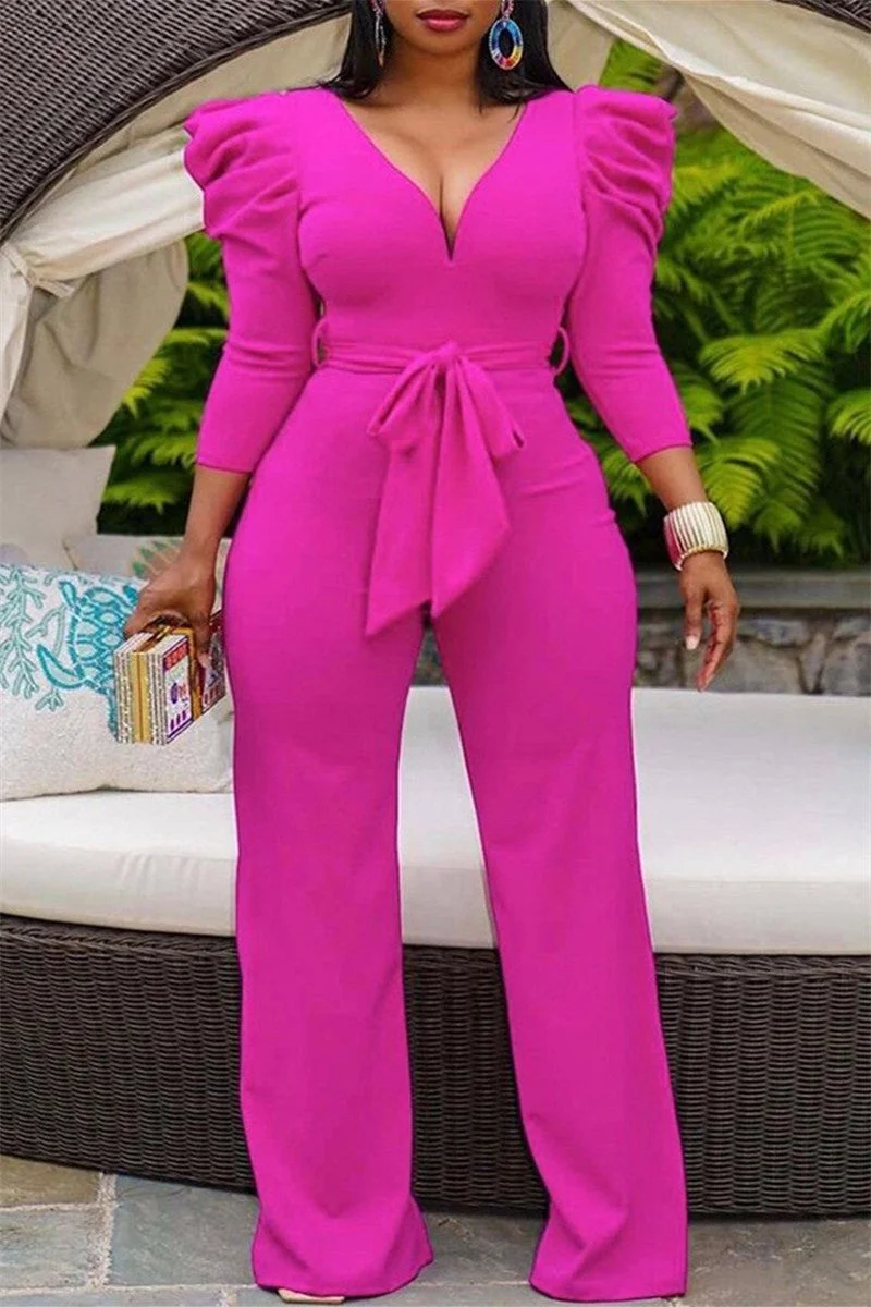 Fashion Casual Solid With Belt V Neck Regular Jumpsuits