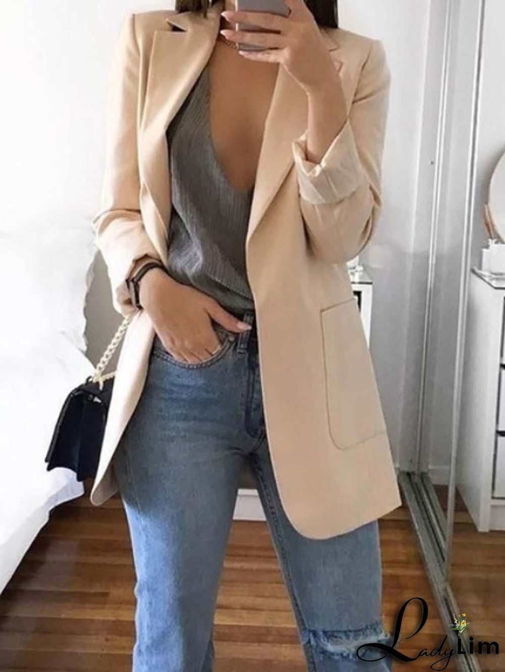 Laper Collar Double Button Pocket Side Pea Coat