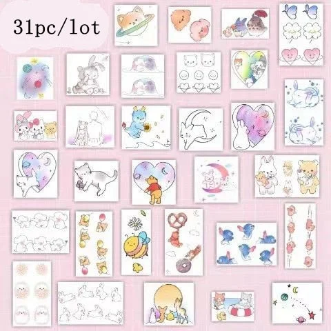 Color Bear Rabbit Cartoon Tattoo Set Temporary Sticker Waterproof Cute Girl Small Fresh Art Fake Tattoo Full Body Tattoo Sticker