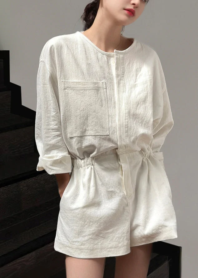 Loose Beige Pockets Tie Waist Linen Jumpsuit Summer