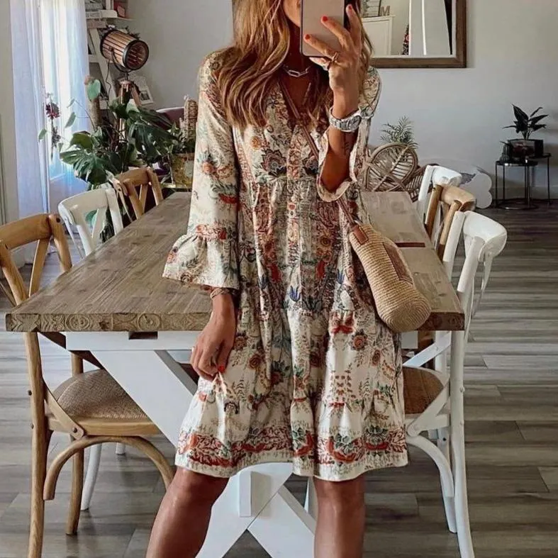 Retro Print V-Neck Long Sleeve Mini Dress-vocosishoes