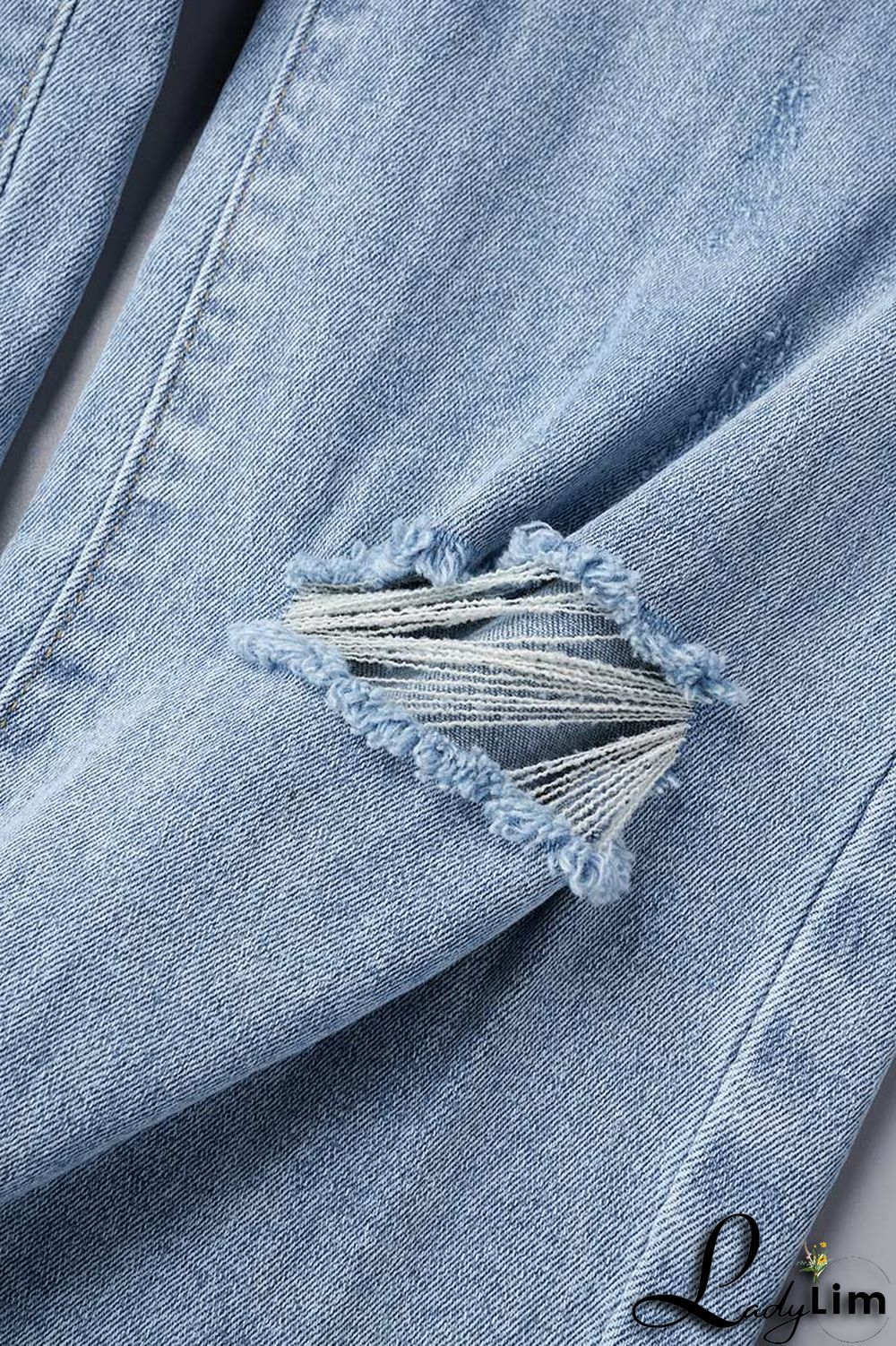 Light Blue Street Solid Ripped Patchwork High Waist Denim Jeans