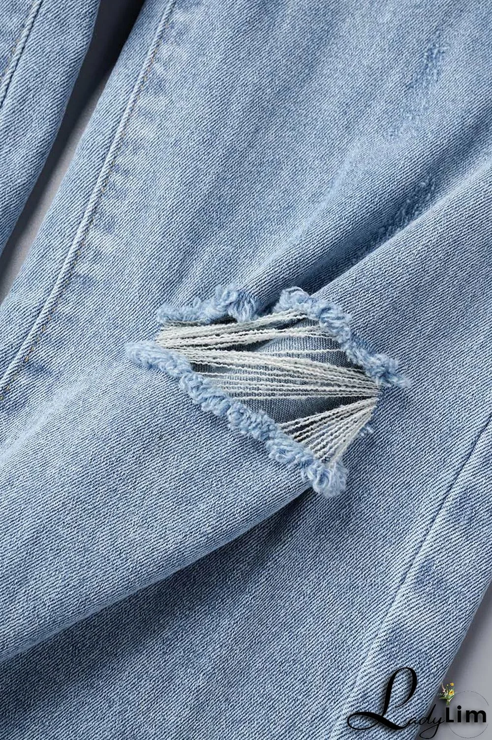 Light Blue Street Solid Ripped Patchwork High Waist Denim Jeans