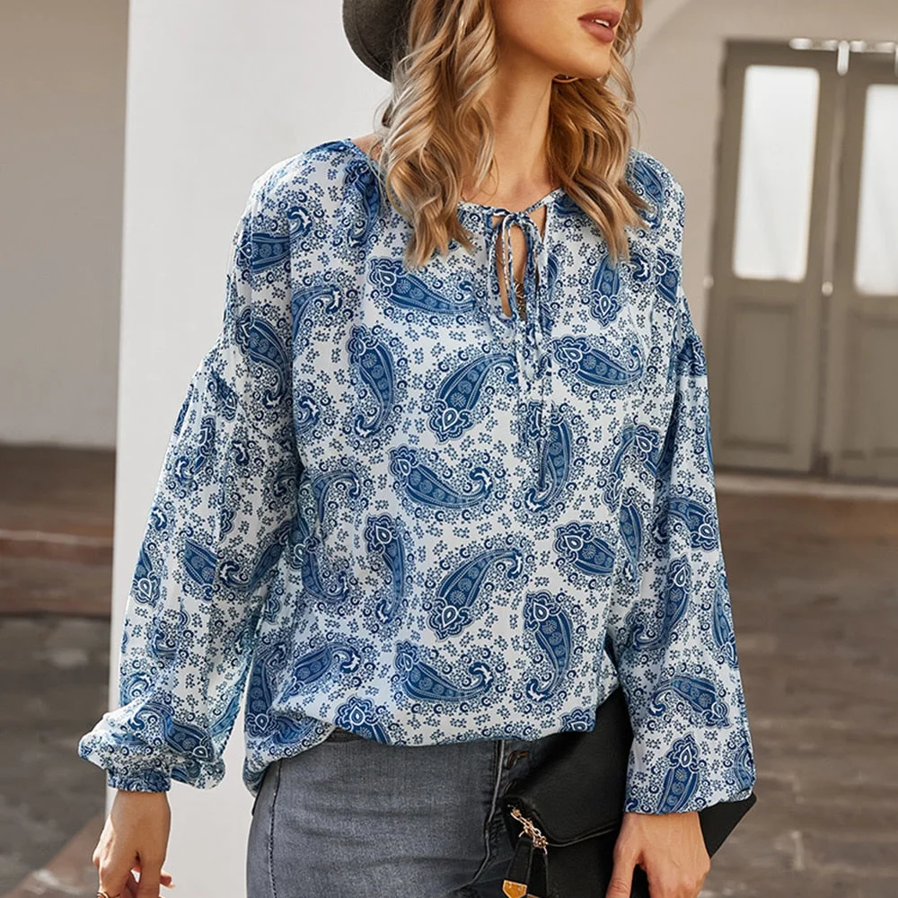 Sale Women Vintage Floral Print Casual Blouse Shirts Women Bow Tie Chiffon Chic Office Female Long Sleeve Femininas Blusas D30