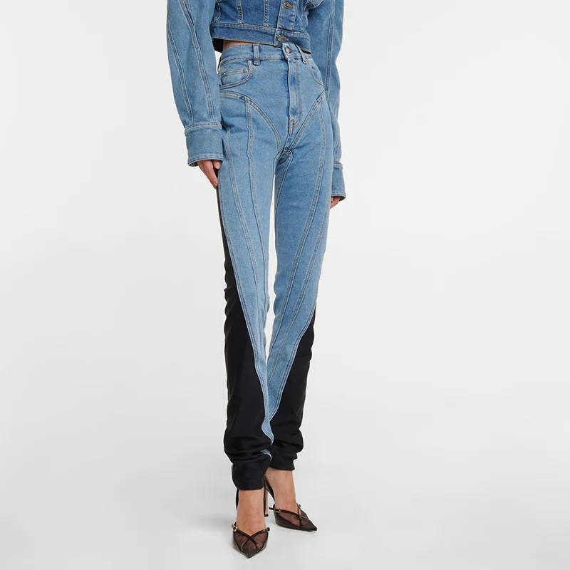 Toloer Toloer Niche Design 2024 New Middle Waist Contrast Color Splicing Washed Light Color Small Foot Jeans Trousers-Outfit Ideas