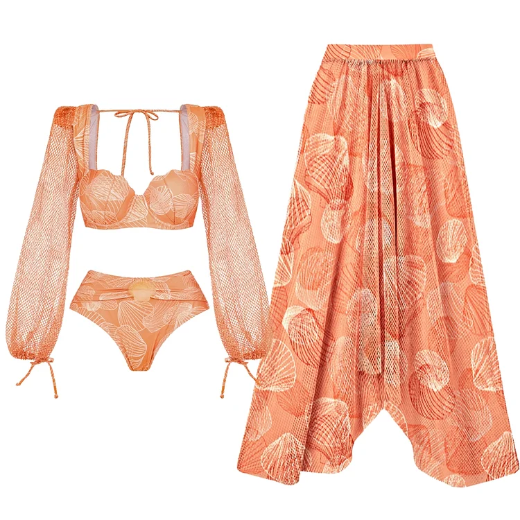 Long Sleeve Shell Print Bikini Swimsuit and Skirt Flaxmaker