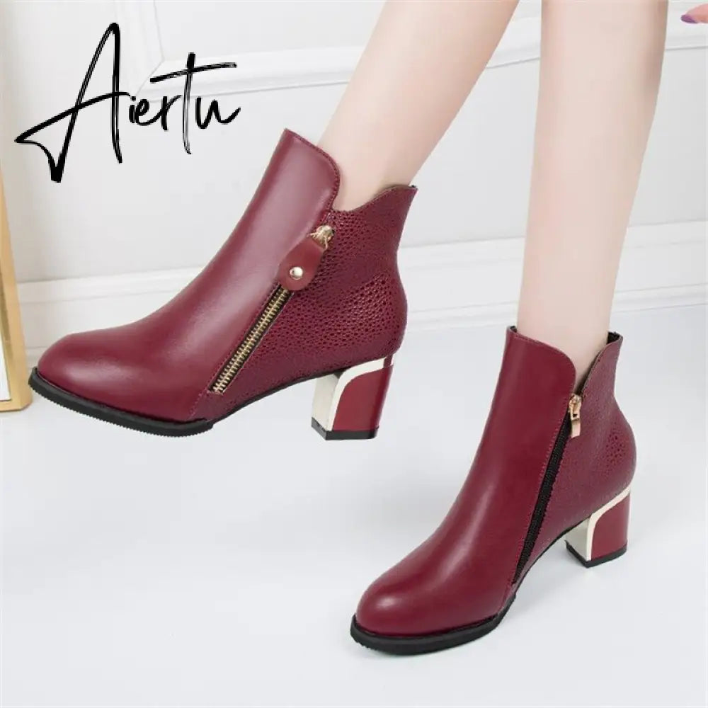 Aiertu Women's Fashion Side Zipper Ankle Boots Autumn/ Winter  Boots Pointed High Quality Solid Ladies Shoes PU High Heels Boots Aiertu