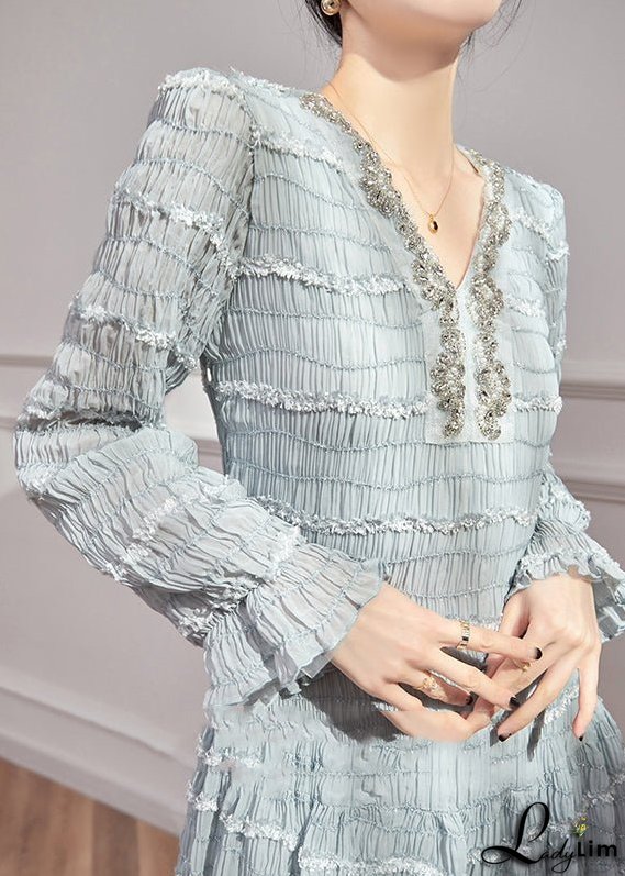 Chic Blue V Neck Ruffled Patchwork Sequins Chiffon Mid Dress Flare Sleeve