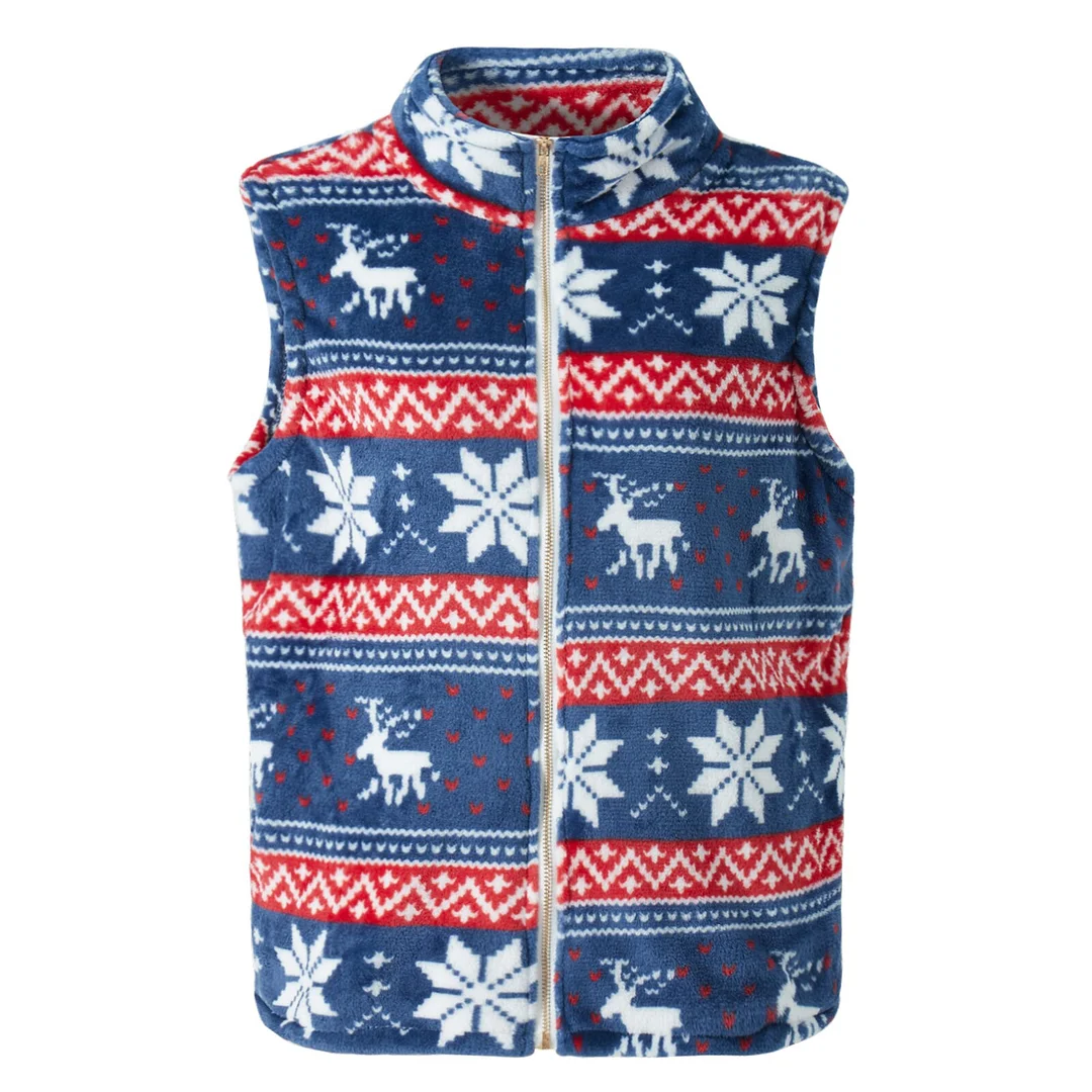 Women Fashion Wild Christmas Waistcoat Geometric Print Stand Collar Sleeveless Zipper-Up Vests Autumn Winter Plush Warm Coat