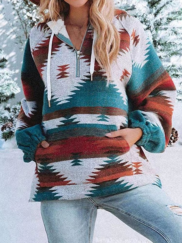 Women's Vintage Western Ethnic Print Zip Pocket Fleece Sweater