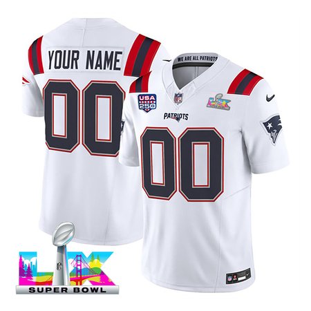 Youth New England Patriots Custom White Super Bowl LX Patch USA 250' Patch Vapor F.U.S.E. Limited Jersey