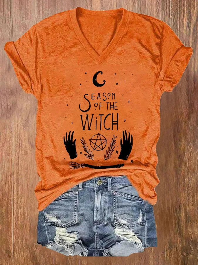 Women's Season Of The Witch Print Casual V Neck T-shirt