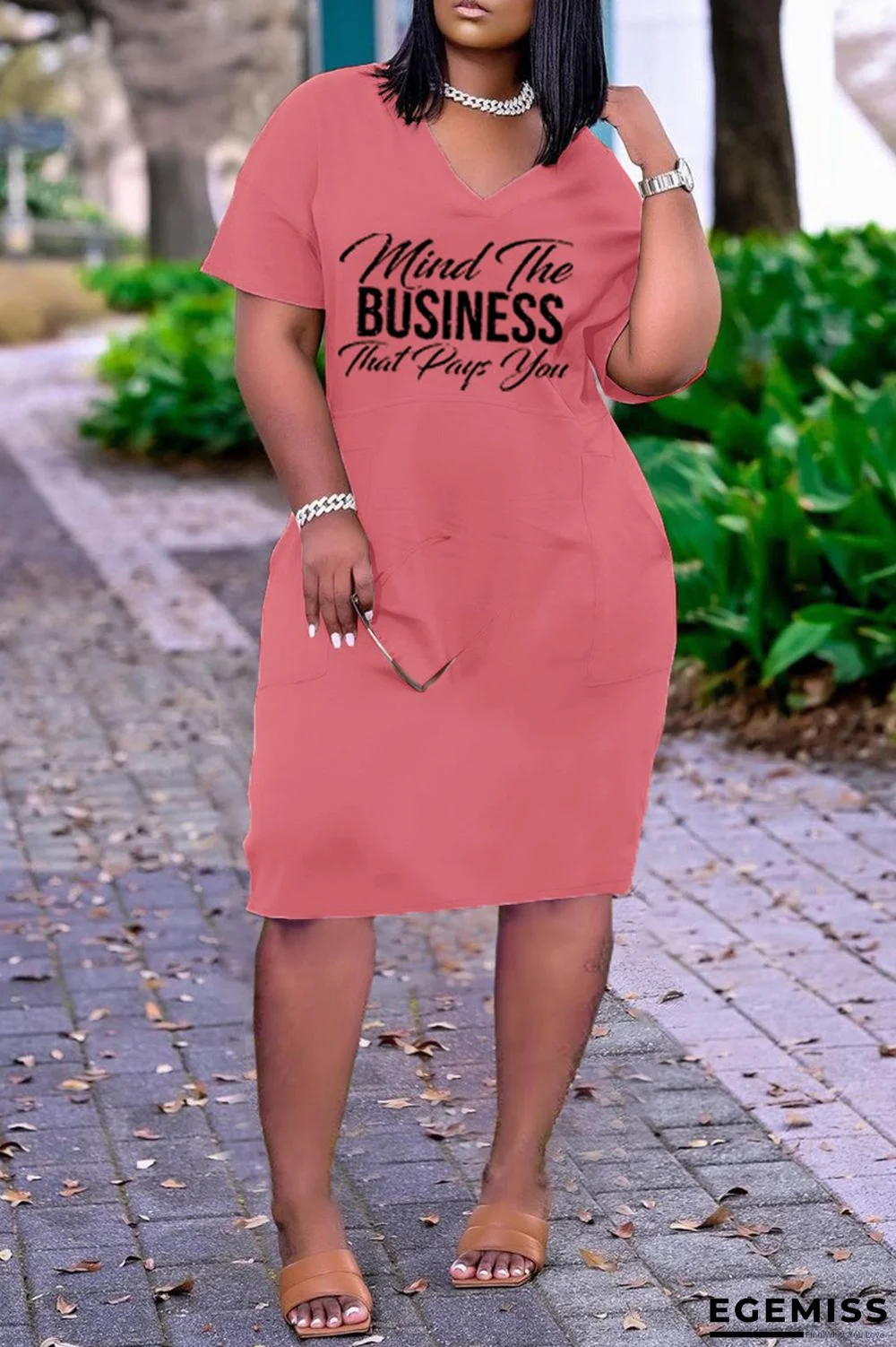 Rose Red Fashion Casual Letter Print Basic V Neck Short Sleeve Dress | EGEMISS
